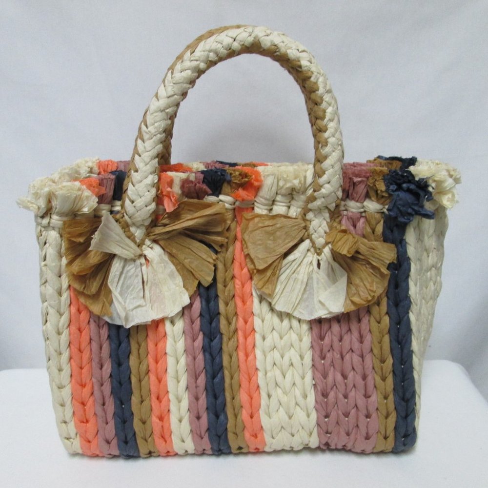 Vince Camuto Emei Woven Paper Satchel Tote Bag Purse removable strap striped NEW - Picture 11 of 14